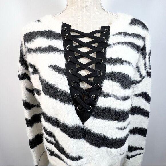 Y2K Express Fuzzy Zebra Animal Print Lace Up Sweater XS - Picture 2 of 11